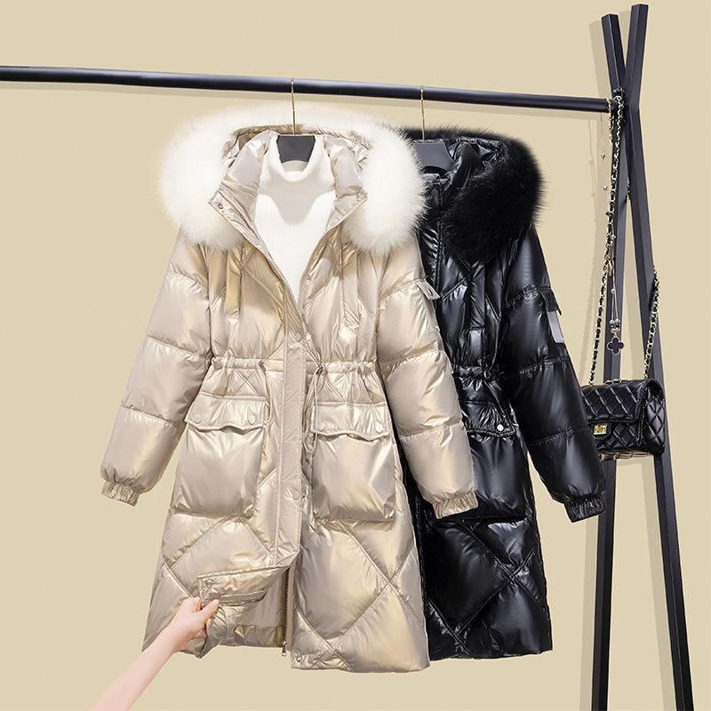 Winter Thick Mid-length Hooded Shiny Down Jacket Women Loose Waist Big Fur Collar White Duck Down Jacket Women Winter Thick Warm Jacket