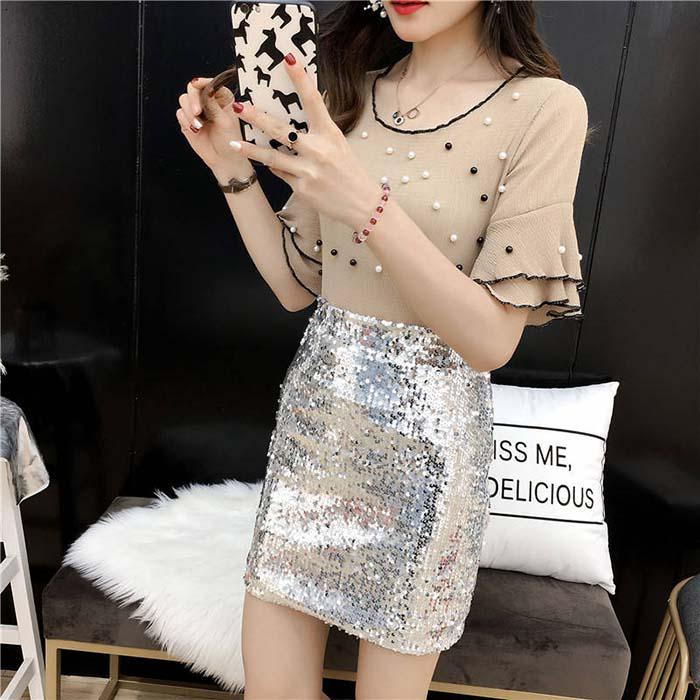 M-4XL  Women Anti-light Sequin Skirt High Waist Slim Thin Sexy Bundy Mini A-line Step Skirt