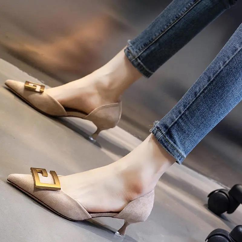 5cm Small Heels All-match Pointed Toe Low-heeled Single Shoes Women Spring and Autumn Mid-stiletto French High-heeled Shoes Summer