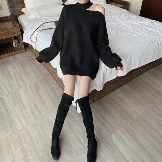 Off-the-shoulder Design Sweater Autumn Winter  Women's Loose-fitting Mid-length Thick Halterneck Sweater Tide