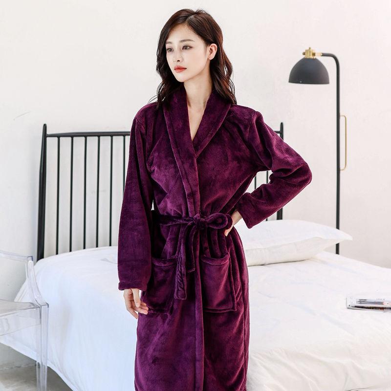 Autumn and Winter Flannel Nightgown Ladies Bathrobe Coral Fleece Thick Long-sleeved Pajamas Home Service Bathrobe Simple Style