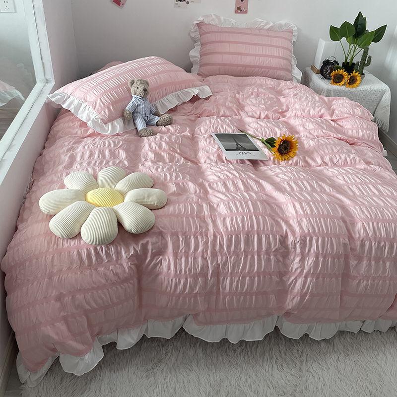 Princess Style Washed Cotton Seersucker Four-piece Solid Color Bedding Quilt Cover Sheet Four Seasons Universal