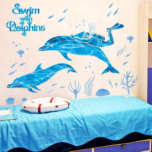 Dolphin Bathroom Bedroom Underwater World Wall Glass Decoration Green Removable Wall Sticker