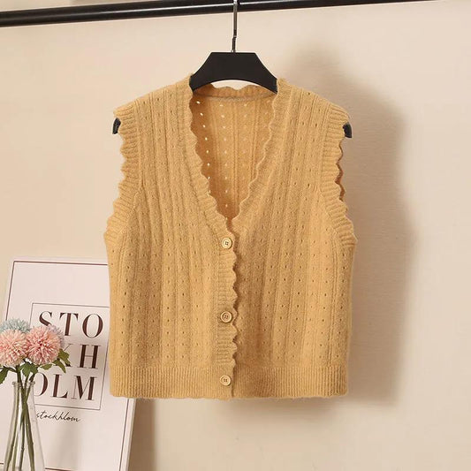 Wool Knitted Vest Women's Vest Spring and Autumn Loose Short Wave Side Single-breasted Hollow Sweater Small Cardigan