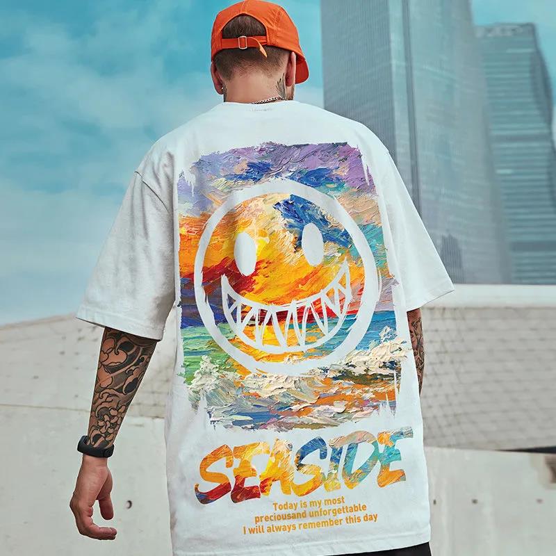 Oversized Hip Hop Tees Youth Trendy Personality T-shirts Summer Grimace Print Shirt O-neck Short Sleeve Casual Loose Pullover Men