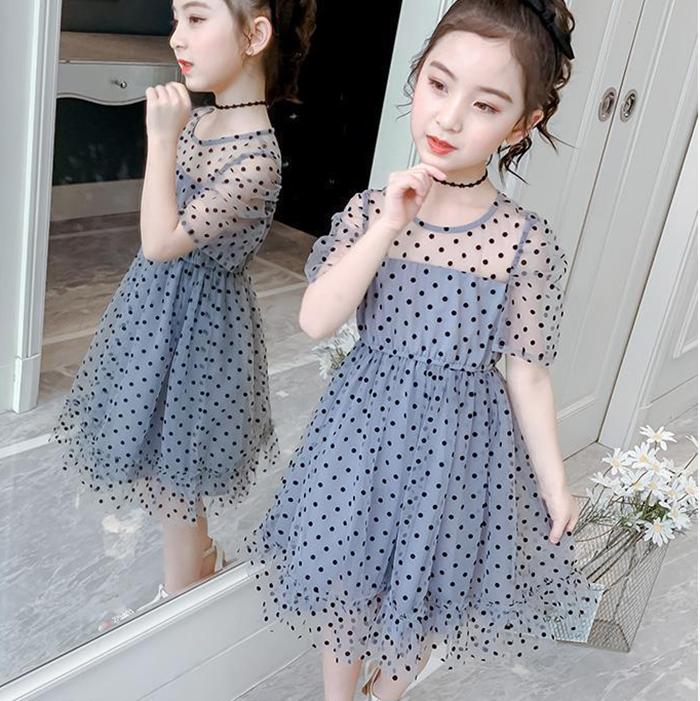 Children Dress Spring Summer Kids Clothing  Baby Girls Clothing Wave Point Short Sleeve Dress Girl Mesh Dress Ruffle