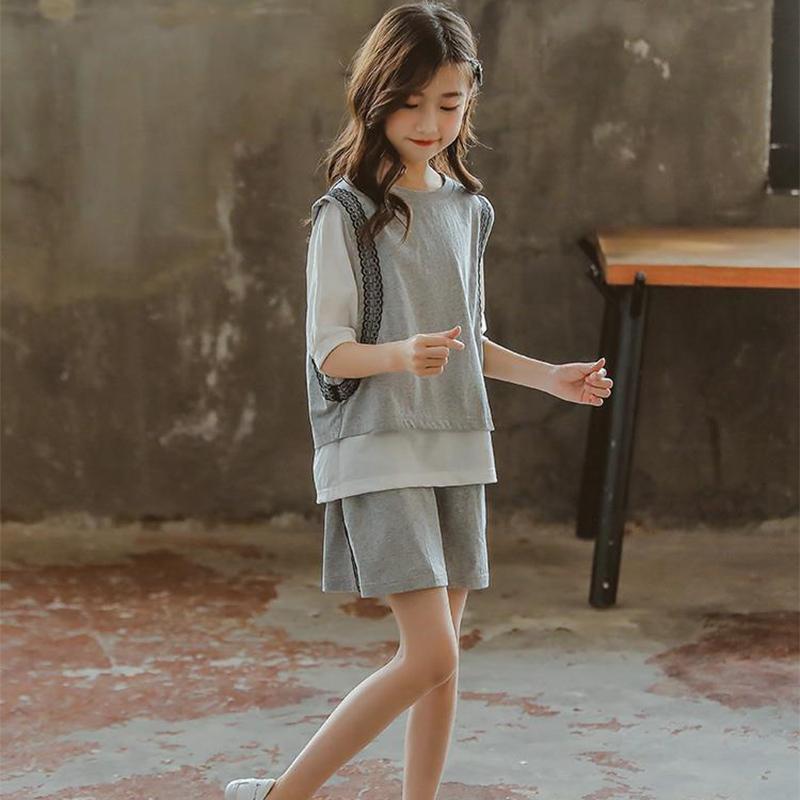 Girls' Casual Sports Suits, Summer Clothes, Big Children's Fashion, Net Red, Western Style, Loose Cotton Three Pieces