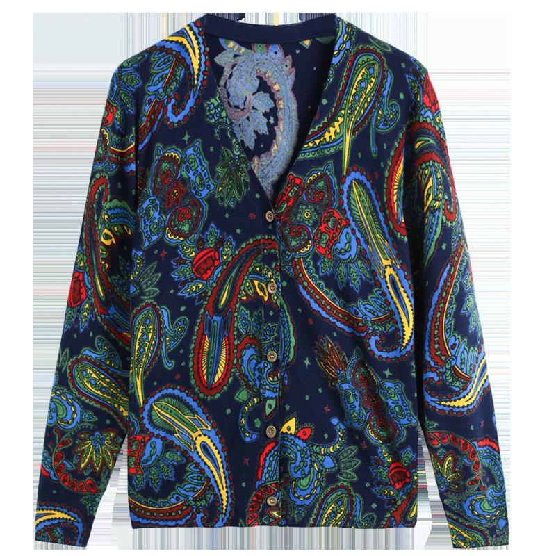 Autumn Winter Ladies V-Neck Cardigan Printing Sweater Coat