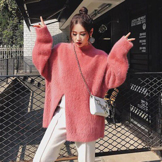 Casual Soft Women Sweater Pullovers Long-sleeve Split-breasted Velvet Sweater Female Knitted Sweater