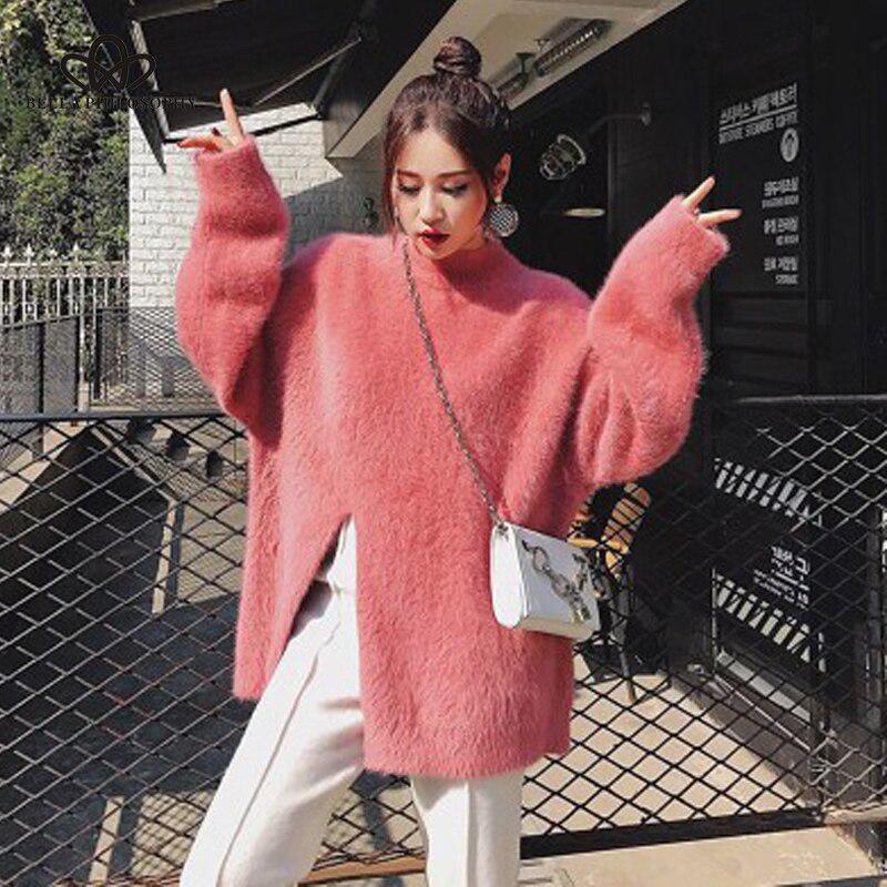 Casual Soft Women Sweater Pullovers Long-sleeve Split-breasted Velvet Sweater Female Knitted Sweater
