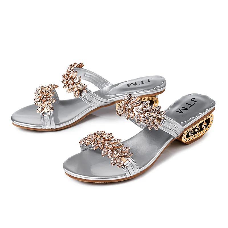 Summer Rhinestone Sandals and Slippers Women's Shoes Fashion Mid-heel Thick Heel Korean Style Hollow Heel Slippers Sandals