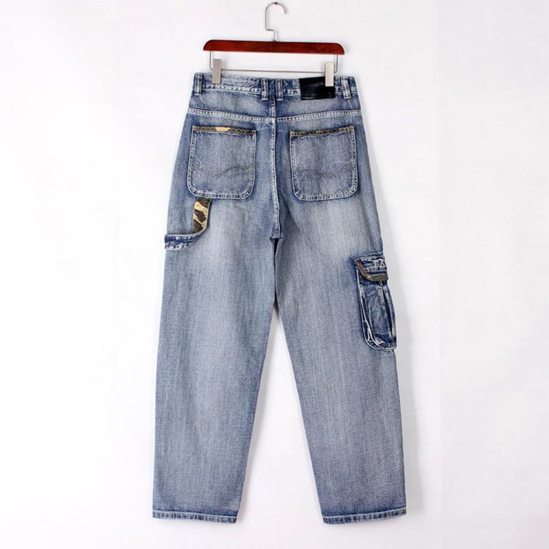 Hip Hop Jeans Plus Size Straight Loose Blue Denim Pants  Big Pockets Camouflave Ribbon Fashion Casual Mens Baggy Jean Trousers 40 42 44 46