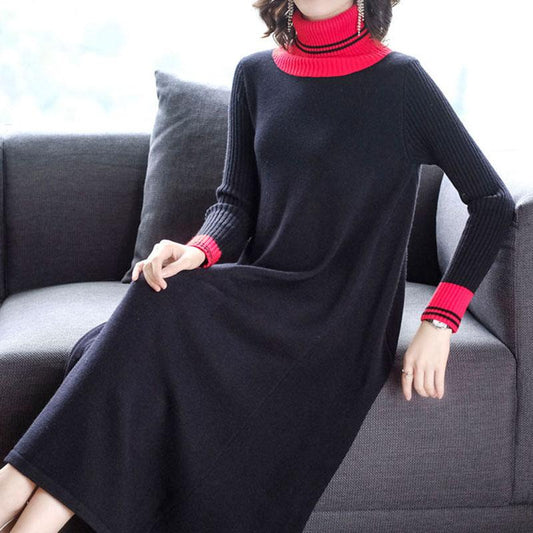 Autumn and Winter Long Over-the-knee Dress High Collar Loose Casual Bottoming Skirt Fashion Simple Women Sweater Dress