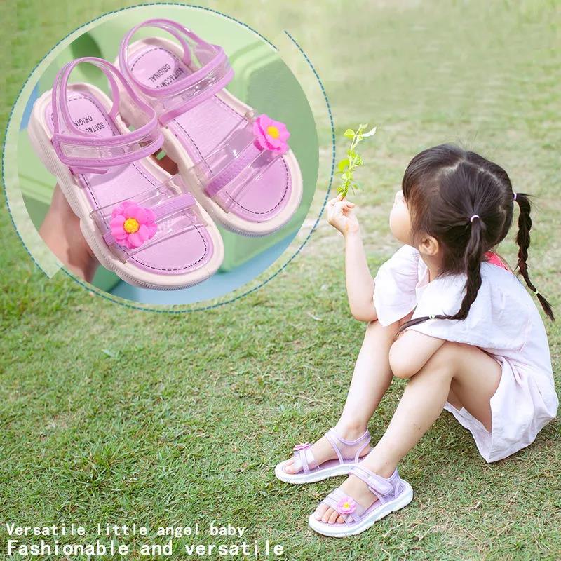 Girl's Flower Velcro Soft Soled Single Breathable Cool Shoes Girls' Non Slip Hollow Out Light Princess Shoes
