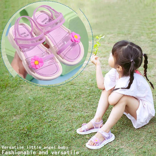 Girl's Flower Velcro Soft Soled Single Breathable Cool Shoes Girls' Non Slip Hollow Out Light Princess Shoes