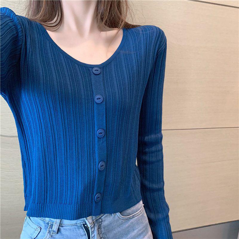 Early Autumn Women's Long-sleeved Knit Bottoming Shirt with A V-neck Short Body Sweater
