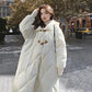 Down Jacket Winter Thick Horn Buckle Hooded Cotton-padded Jacket Korean Version of The Diamond Lattice Mid-length Over-the-knee Down Jacket for Women