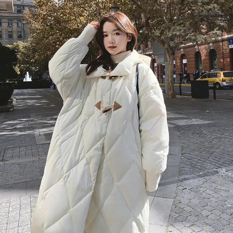 Down Jacket Winter Thick Horn Buckle Hooded Cotton-padded Jacket Korean Version of The Diamond Lattice Mid-length Over-the-knee Down Jacket for Women