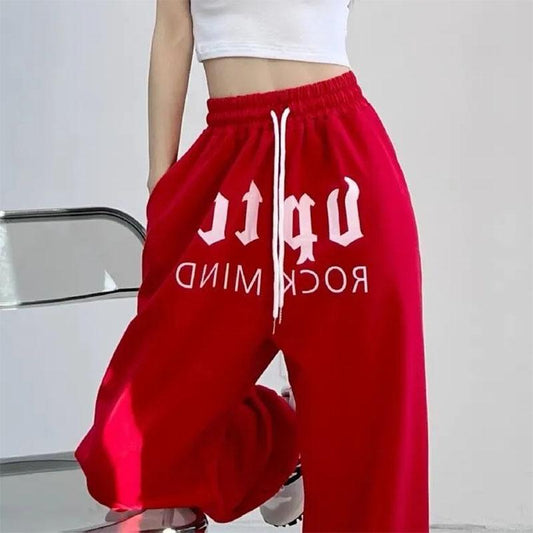 Women's High Waist Hip Hop Jazz Sports Pants Red Casual Leggings Hip-hop Alphabet Wide Leg Sweatpants