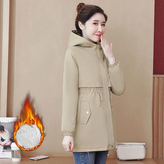 Autumn Winter Warm Parka Coat Women Thickened Hooded Parka Jacket Casual Loose Drawstring Plus Velvet Windbreaker Jacket