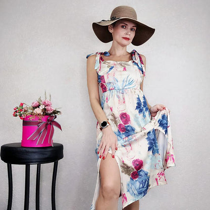 Women's Sling Floral Dress Female  Printed Split Sexy Sleeveless Dress for Beach Holiday Party