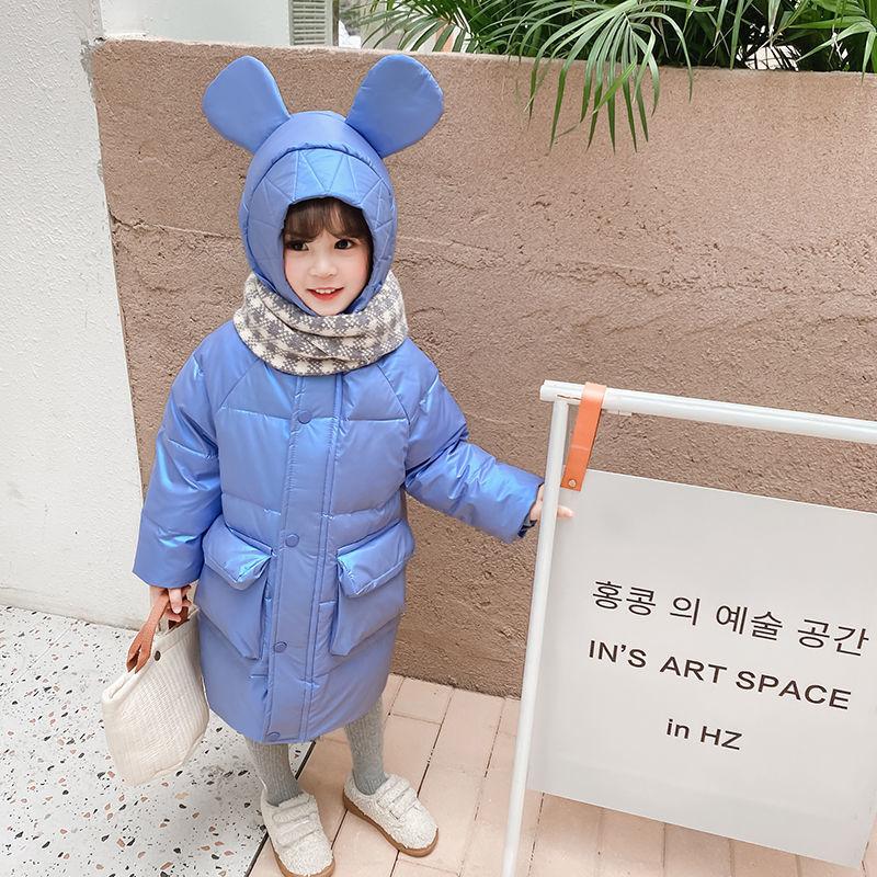 White Duck Down Girls Down Jacket Mid-length Warm Jacket Plus Velvet Thick Windproof Bright Surface Children's Clothing