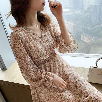 Summer Beach Maxi Dress Boho Chiffon Dress Floral V-Neck Ruffles Wrap Casual Party Dress Vestidos