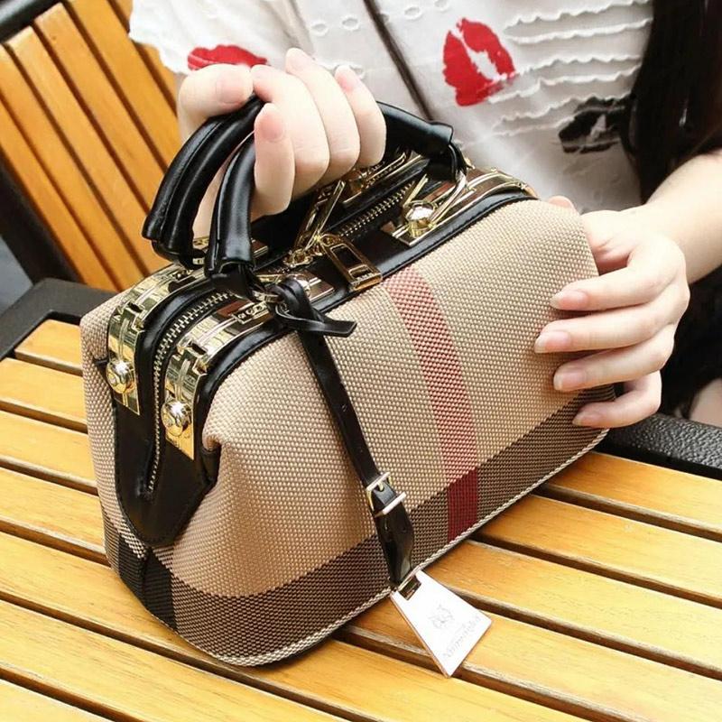 Canvas Bag Casual Fashion One-shoulder Messenger Handbag Handbag European and American Ladies Plaid Striped Doctor Bag