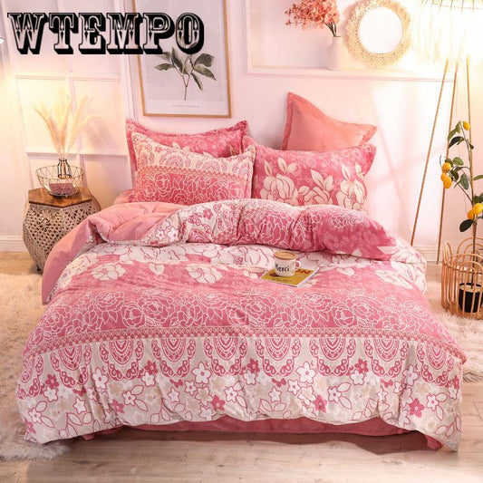 4pcs Bedding Set Carving Sheet Pillowcase&Duvet Cover Flannel Velvet Bedclothes Warm Bed Linen