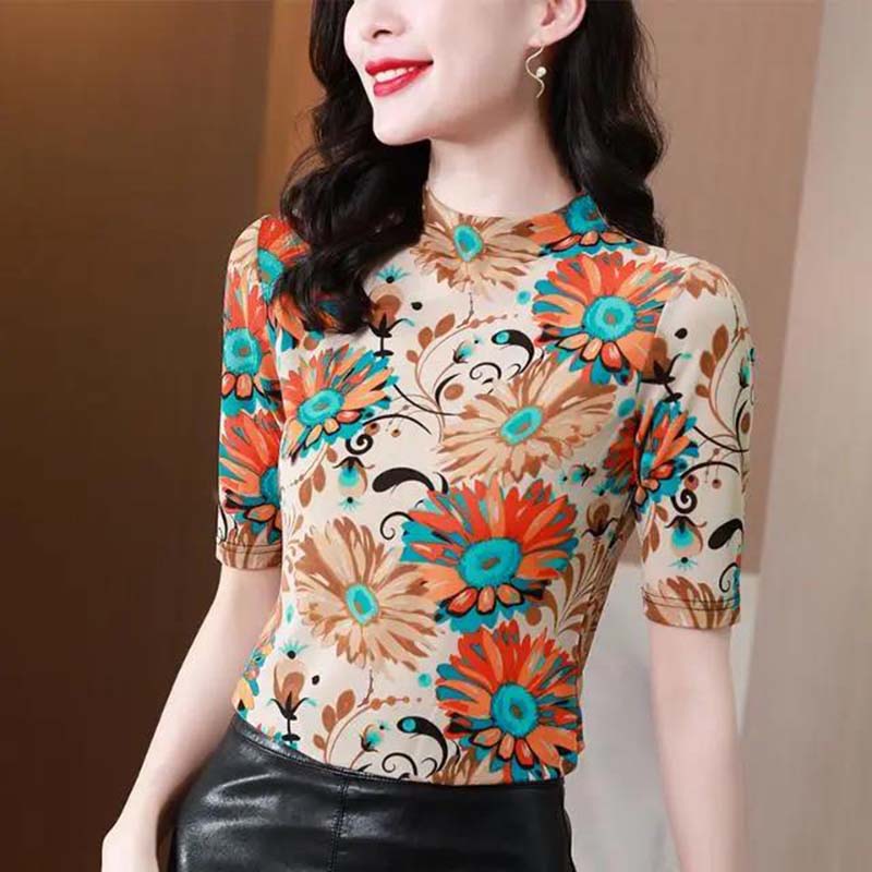 Summer Lace Bottoming Shirt Women's Short Sleeve Round Neck Slim Top