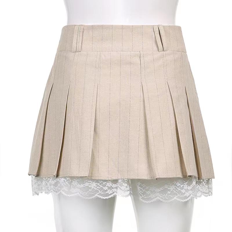 Women's Pleated Skirt Girls Summer Solid Color High Waist A-line Skirts Lace Patchwork Mini Skirt Club Short Skirts
