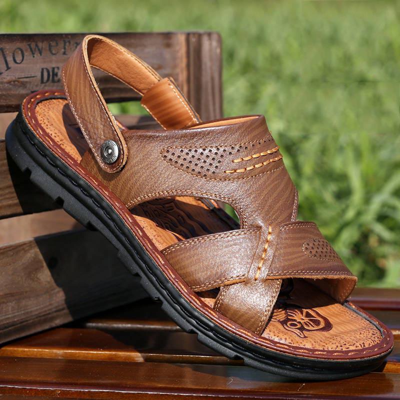 Sandals Men's Summer New Genuine Leather Beach Toe Top Thick Bottom Massage Bottom Men's Sandals