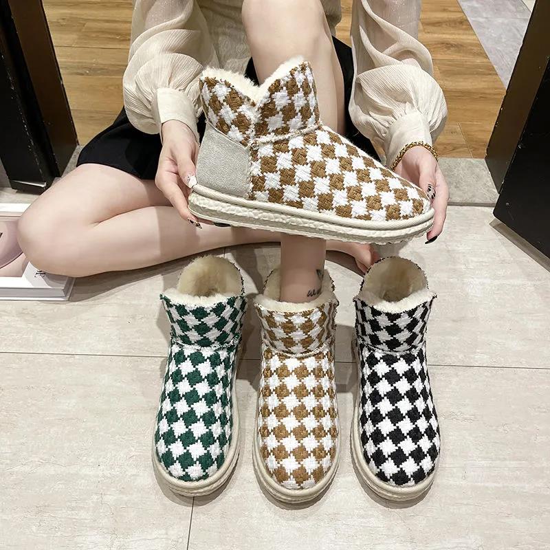 Snow Boots Women Winter Plaid Plus Velvet Warmth Thick-soled All-match Non-slip Short-tube Cotton Boots Women