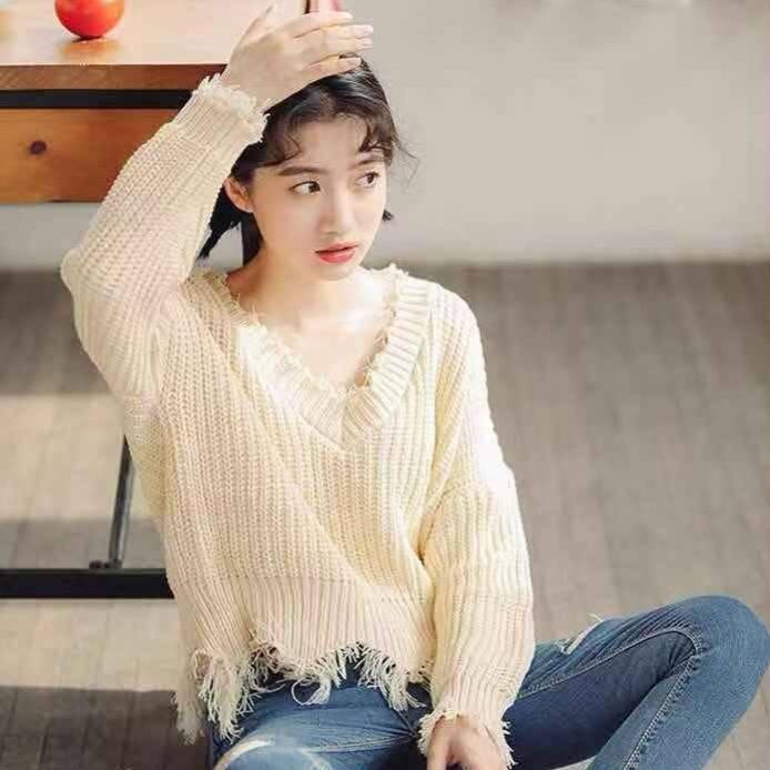 Loose Casual Solid Color Irregular Sweater Fashion Chic Tassel V-neck Long-sleeved Knit Pullover