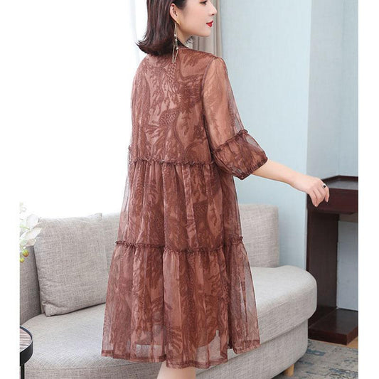 Dress Female Summer Five-point Sleeves Loose Mesh A-line Skirt Light Mature Style Foreign Style Large Size Skirt Summer
