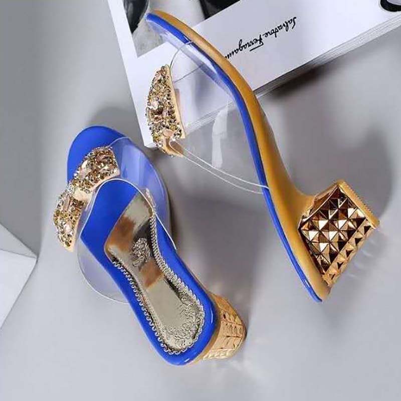 Sandals and Slippers for Women's Outer Wear Fashion Crystal Thick Heel Comfortable Sequins Rhinestone Bow Female Summer Sandals and Slippers