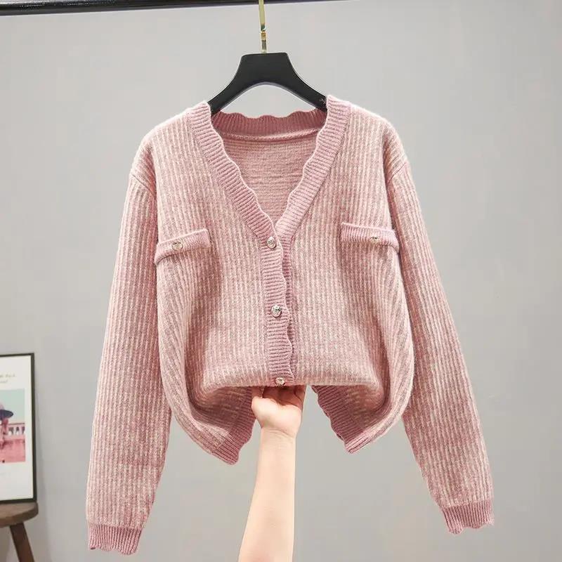 Cardigan Women's Autumn Plaid Long-sleeved V-neck Knit Sweater Coat Korean Style Loose Sweater Women