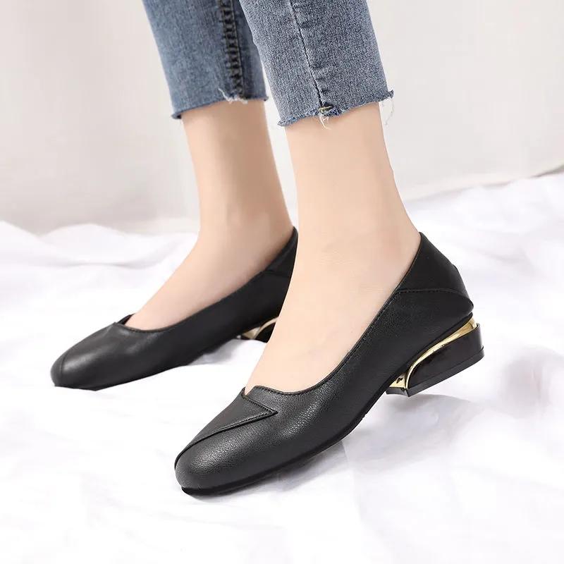 Women's Thick-heel Casual Shoes Mid-heel Pumps Professional Work Shoes Low-top Shoes Leather Shoes Mother Shoes