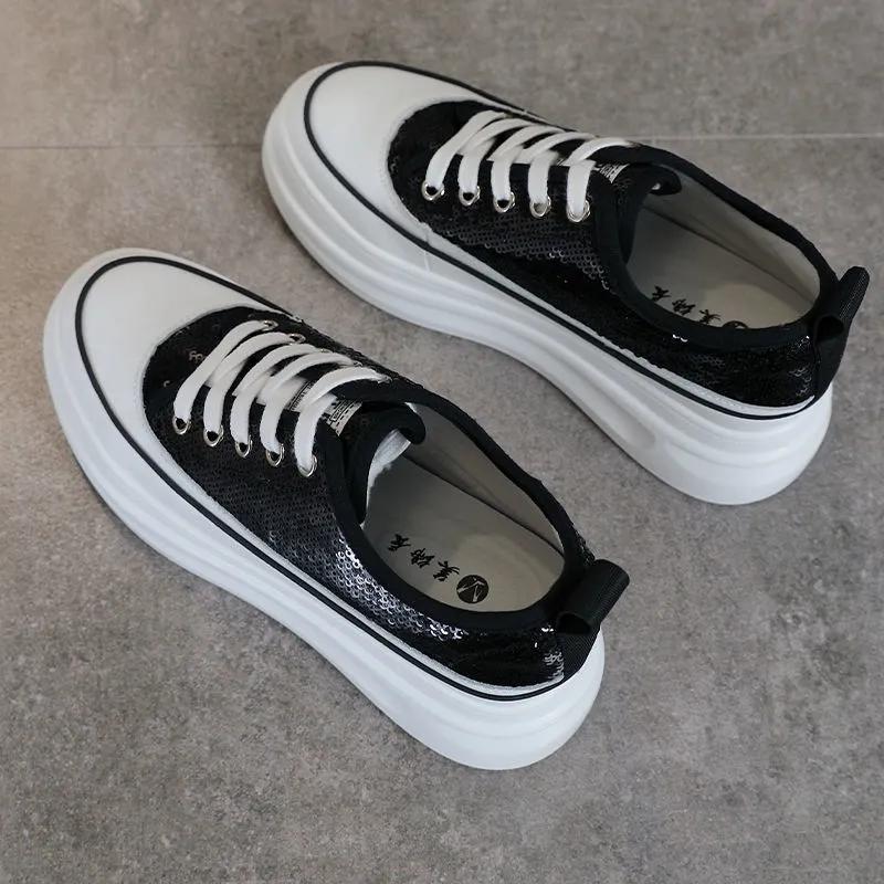 Women's Platform Shoes Sequined Shoes Leather Breathable Inner Increase White Shoes Casual Shoes Female Students' Thick-soled Shoes