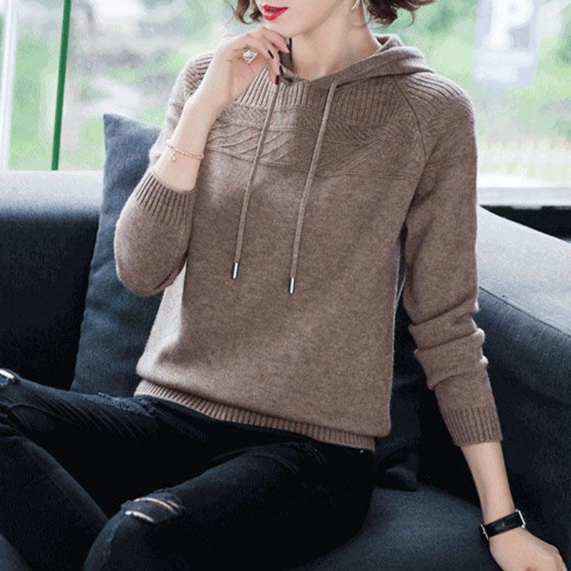 Autumn and Winter Loose Hooded Sweater Knitted Casual Solid Color Sweater Fashion Simple Female Sweater