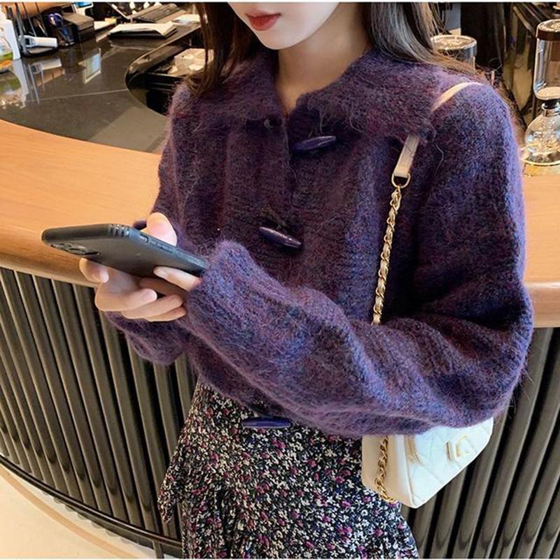 Autumn  Winter College Style Horn Button Knitted Cardigan Jacket Women Casual Fashion Loose Long-sleeved Simple Top