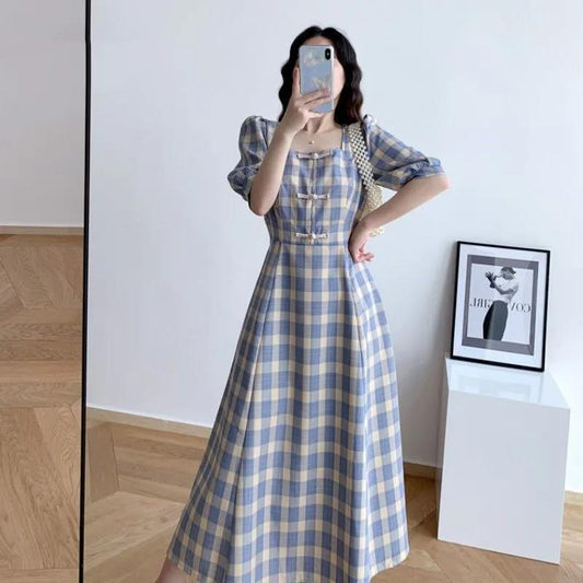 Large Women Size Summer Casual Slim Mid Length Square Neck Bubble Sleeve Plaid Holiday Dress