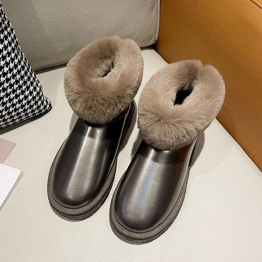Snow Boots Women's Fur One-piece Waterproof Winter Plus Velvet Thickening Short Tube One Pedal Cotton Shoes