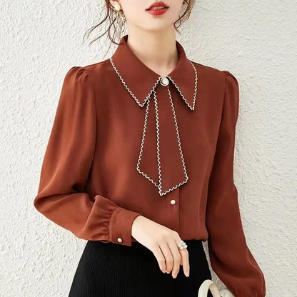 Spring and Autumn Streamer Shirt Inside and Outside Wear Shirt Sweet Puff Sleeve Top Women