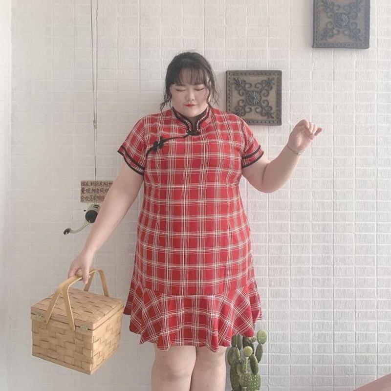 Fat Girl 300 Kg Extra Large Plaid Dress Summer New Product Improved Version Loose and Thin Ruffled Cheongsam Women