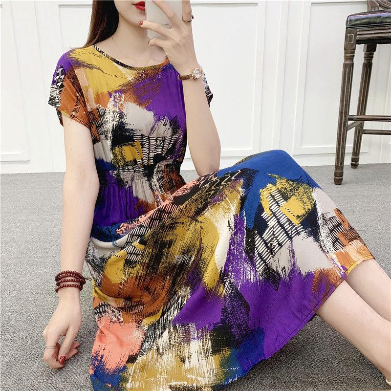 Mid-length Dress Printed Vest Summer Ethnic Style Cotton Silk Floral Dres Waist Mid-length Dress  Floral Printed Plus size dress