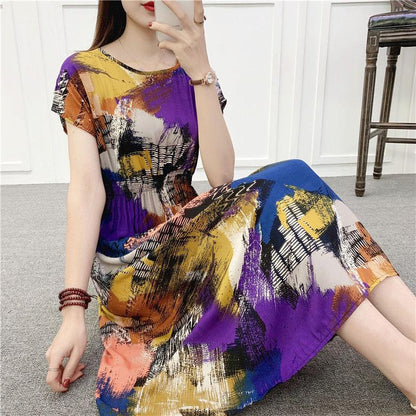 Mid-length Dress Printed Vest Summer Ethnic Style Cotton Silk Floral Dres Waist Mid-length Dress  Floral Printed Plus size dress