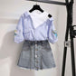 S-XL Summer Women O-neck Off Shoulder Irregular Striped T-shirt+Sexy Denim Shorts 2pcs Office Lady T-shirt Button Shorts Suit