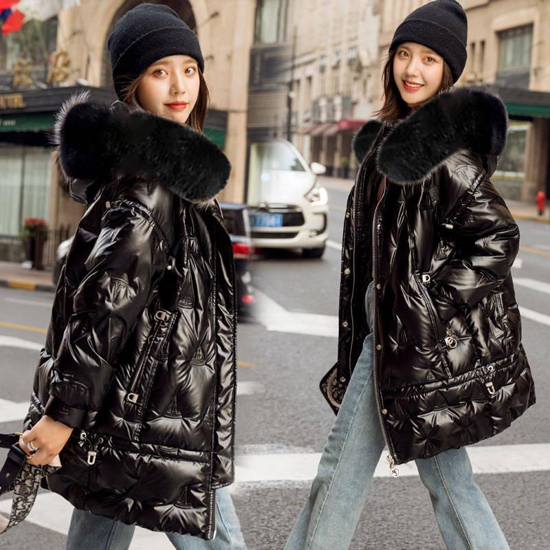 Winter Women's White Duck Down Jacket Fashion Bright Face Fur Collar Jacket Mid-length Thick Warm Cotton Jacket
