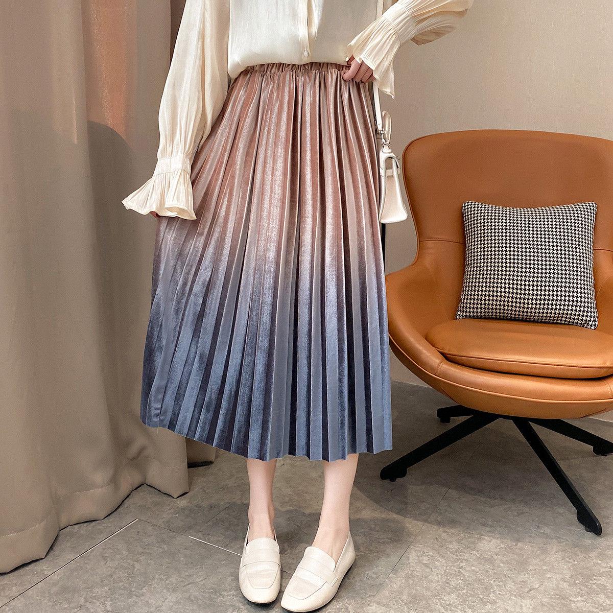Spring Women Long Metallic Silver Maxi Pleated Midi Skirt High Waist Elascity Casual Party Skirt